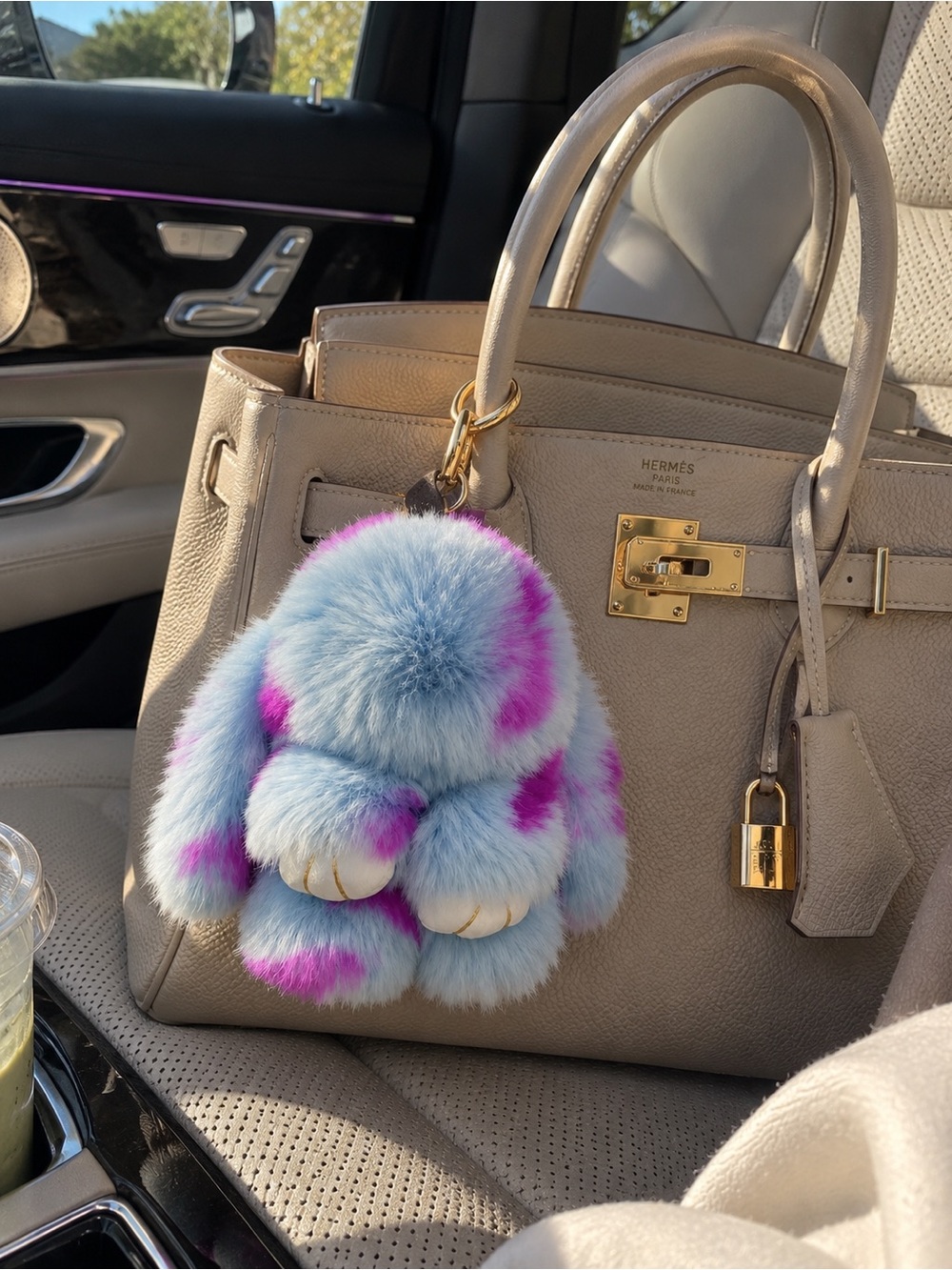 Fluffy Bunny Bag Charm Keychain • Blue & Pink Faux Fur Plush Purse Charm